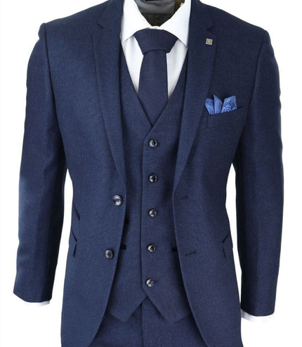 Mens 3 Piece Navy Blue Birdseye Tweed Classic Suit