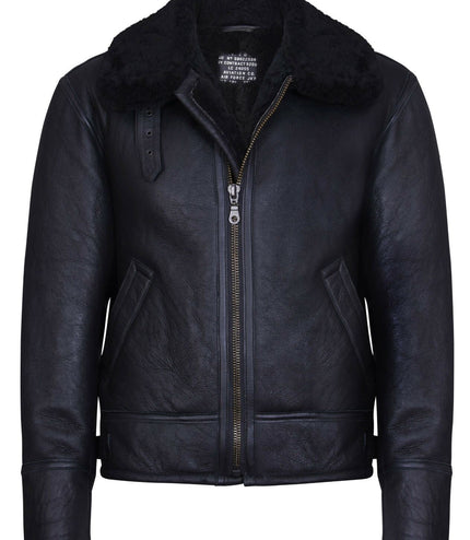 Mens B3 WW2 Leather Sheepskin Aviator Flying Jacket-Charleston - Black