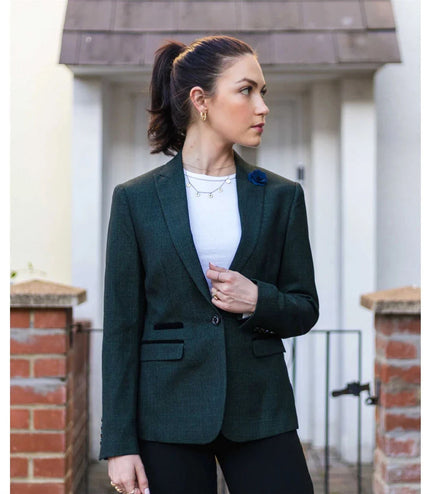 Women's Tweed Green Check Blazer Wool Classic Jacket