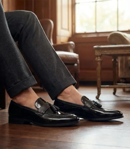 Mens Black Tassel High-Gloss Patent Faux Leather Formal Loafers Shoes