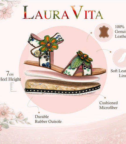 Laura Vita Women's Ballon 08 Beige Floral Leather Wedge Espadrille Sandals