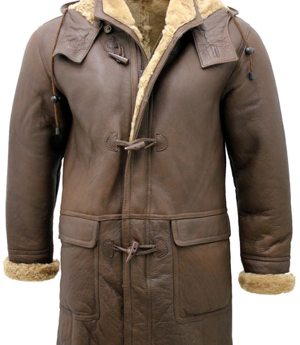 Mens Sheepskin Leather Hooded Duffle Coat-Hanko