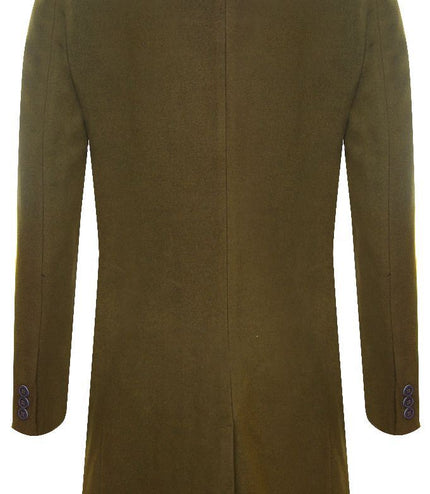 Men's Long Olive Wool Slim Fit Overcoat