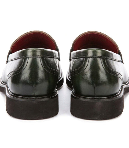 Justin Reess Men's Green Leather Herringbone Tweed Loafer Shoes - Tristian