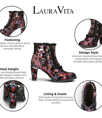 Laura Vita Floral Womens Victorian Red Leather Heel Ankle Boots - Alcbaneo-130