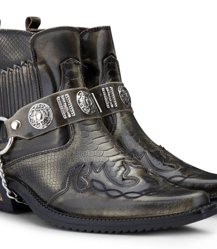 Mens Olive Snakeskin Winklepicker Cowboy Leather Ankle Boots