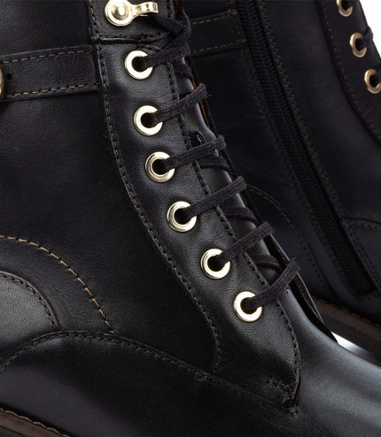 Pikolinos Women's Black Leather Mid-Heel Combat Ankle Boots - Llanes
