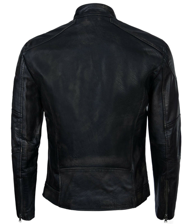 Mens Vintage Black Leather Biker Jacket-Alexandria