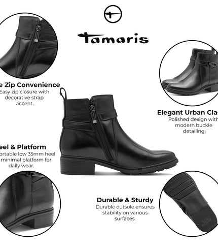 Tamaris Womens Black Leather Buckled Zip Biker Ankle Boots