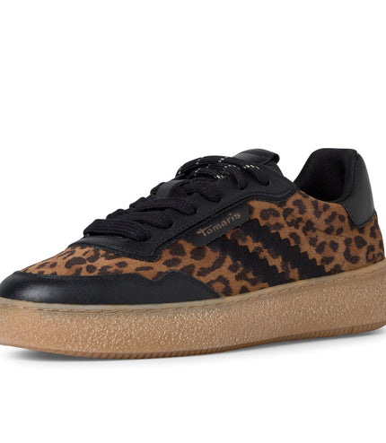 Tamaris Womens Leopard Black Leather Fashion Stripe Lace Up Sneakers