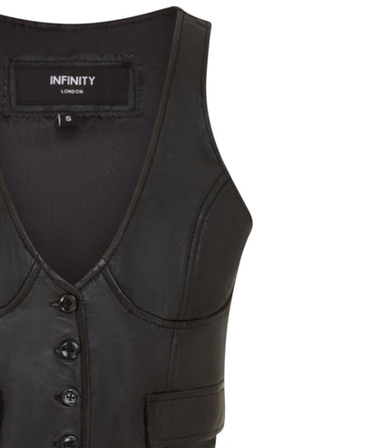 Womens Black Leather Waistcoat Biker Vest - MAM-WC