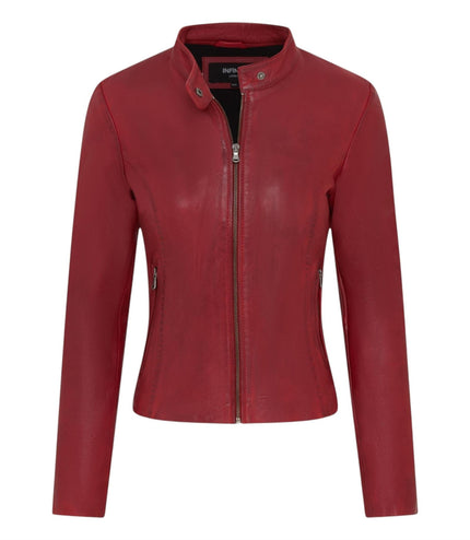Womens Red Leather Stand Collar Racer Biker Jacket - 181