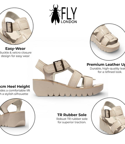 Fly London Women's YUDD236FLY Off White Leather Wedge Sandals