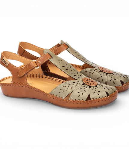 Pikolinos Women's Tan Green Leather Cushioned Wedge Sandal Shoes - P-Vallarta