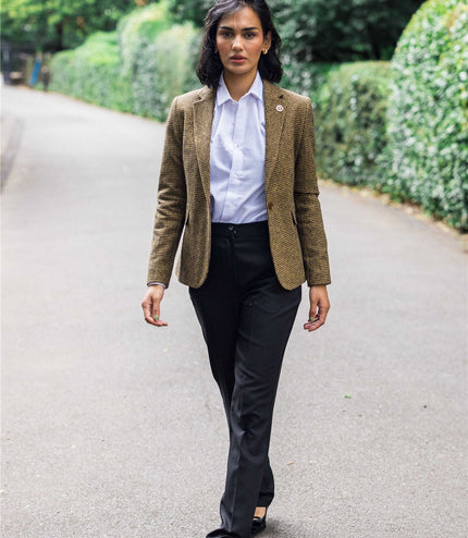 Women's Tailored Brown Dogtooth Wool Blend Tweed Blazer