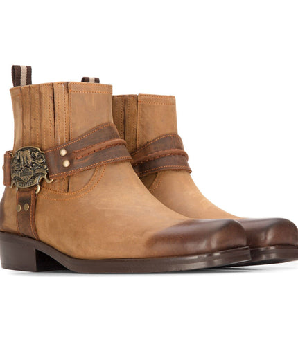 Mens Leather Cowboy Ankle Boots Brown Tan Biker Western Square Toe Hunting Boot
