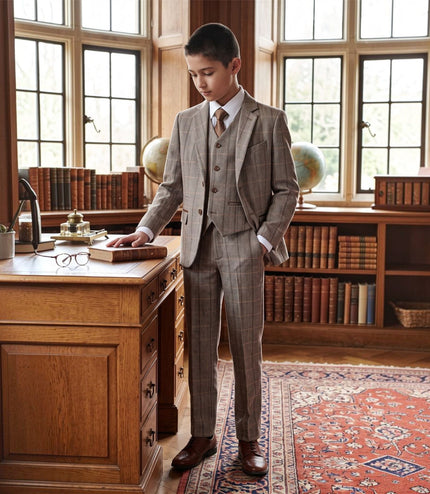 Boys Brown Tailored Fit Tweed 3 Piece Formal Suit - Harris