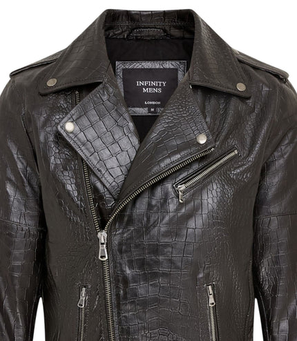 Mens Black Cow Leather Alligator Print Embossed Biker Jacket - Rot