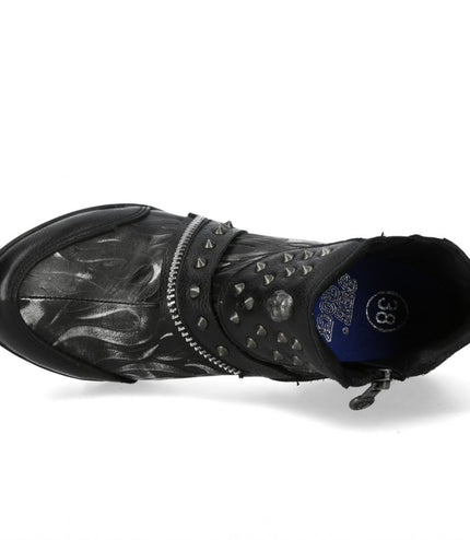 New Rock Womens Neopunk001-C19 Black Gothic Heeled Punk Leather Ankle Boots