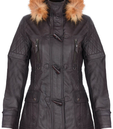Womens Quilted Leather Parka Jacket-Brussels - Brown