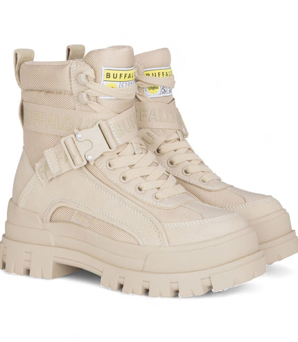 Buffalo Womens Beige Chunky Platform High Ankle Combat Boots - ASPHA-COM1