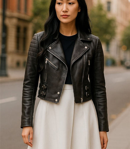 Womens Cropped Brando Leather Biker Jacket-Damascus - Black