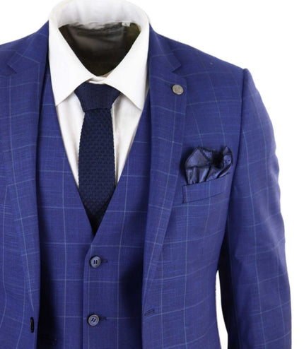Mens 3 Piece Royal Blue Check Vintage Retro Suit