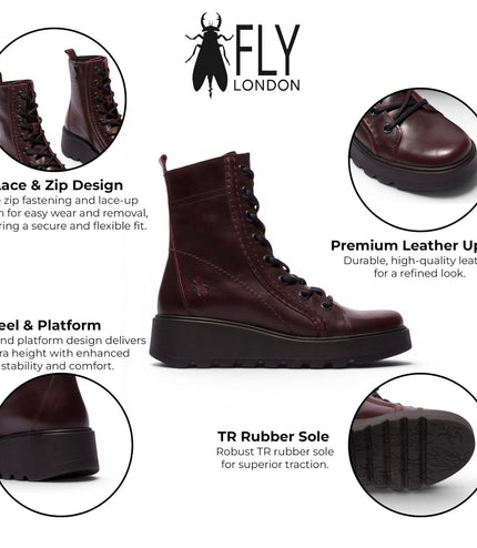 Fly London Womens Wine Leather Lace-Up Wedge Heel Combat Boots - TERY554