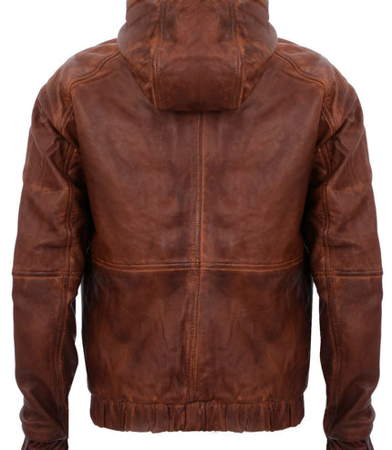 Men's Casual Leather Hooded Bomber Jacket-Odesa - Tan