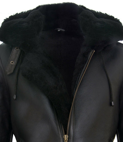 Mens Hooded Sheepskin Leather B3 Flying Jacket-Columbus - Black