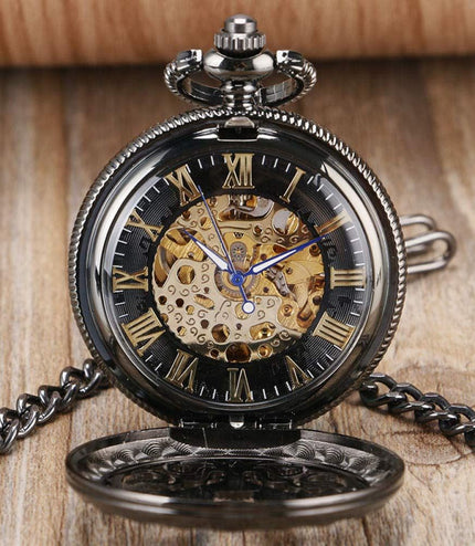 Vintage Black Alloy Mechanical Skeleton Brass Pocket Watch