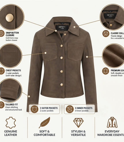 Womens Taupe Brown Leather Shacket Collar Jacket - Lofar