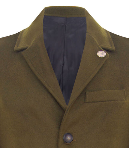 Men's Long Olive Wool Slim Fit Overcoat