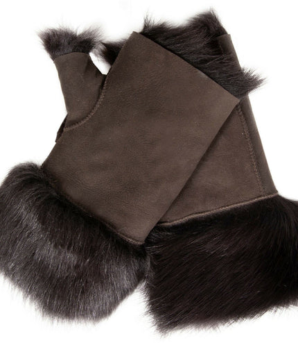 Womens Shearling  Mittens Fingerless Cuffs Toscana Suede Sheepskin Fur - Brown