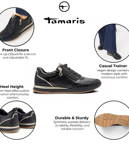 Tamaris Womens Black Faux Leather Fashion Lace Up Sneakers - 23613-46