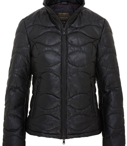 Womens Puffer Warm Quilted Leather Bomber Jacket - Black