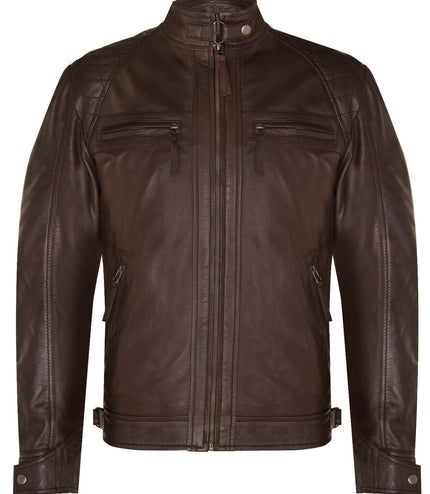 Men's Vintage Leather Quilted Biker Jacket-Monaco - Brown