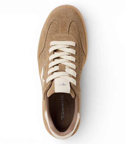 Tamaris Women's Taupe Leather White Stripes Trainers Sneaker Shoes