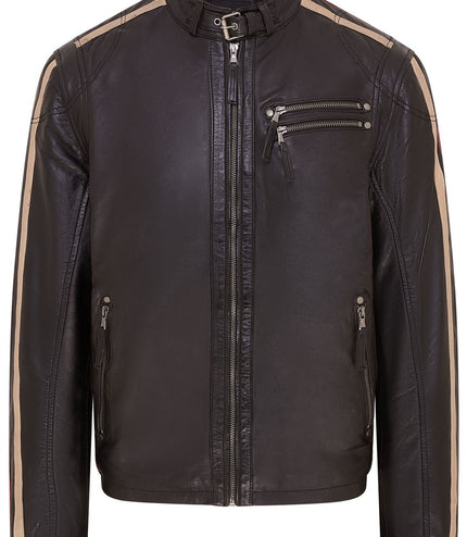 Mens Black Cafe Racer Striped Leather Jacket Vintage Biker Motorcycle Jacket