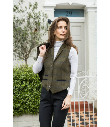 Women's Olive Tailored Fit Tweed Waistcoat in Herringbone Check