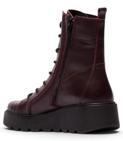 Fly London Womens Wine Leather Lace-Up Wedge Heel Combat Boots - TERY554
