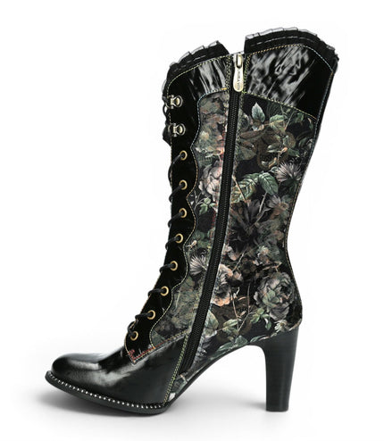 Laura Vita Floral Womens Goth Victorian Black Leather Heeled High Boots - Alcbane-351