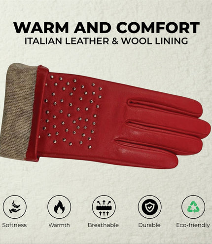 Womens Red Italian Leather Winter Studded Design Soft Wool Lining Gloves - L-GLV-601