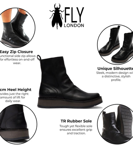 Fly London Womens Black Reno053Fly Leather Zip Up Platform Comfort Ankle Boots