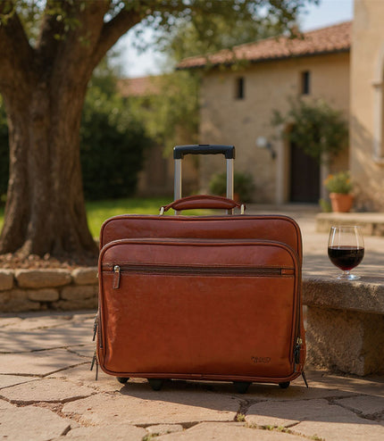 Genuine Leather Tan Wheel Laptop Briefcase Travel Cabin Pilot Bag - Nomad