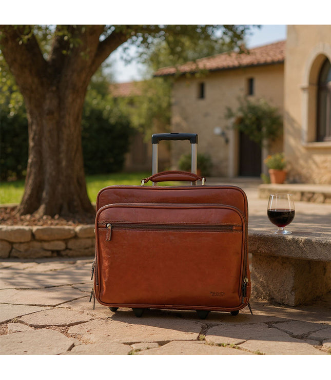 Genuine Leather Tan Wheel Laptop Briefcase Travel Cabin Pilot Bag - Nomad