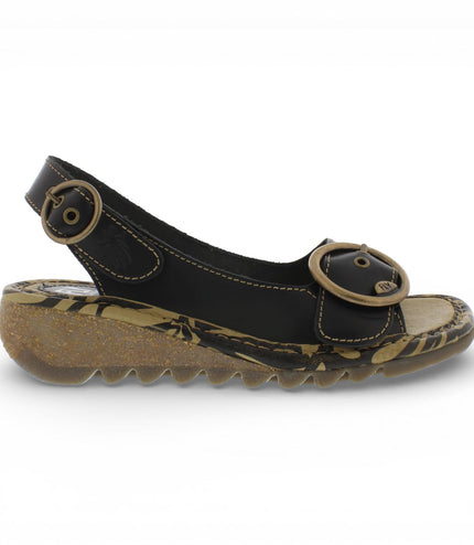 Fly London Women's TRAM723FLY Black Leather Wedge Sandals