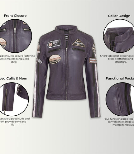 Womens Biker Racing Badges Purple Leather Jacket-Eastleigh