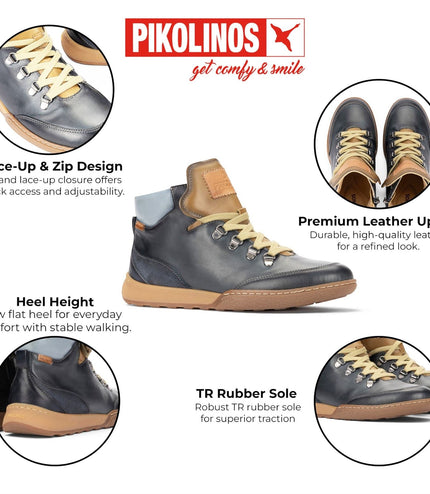 Pikolinos Women's Blue Leather Lace-Up Sneakers Trainer Shoes - Viana