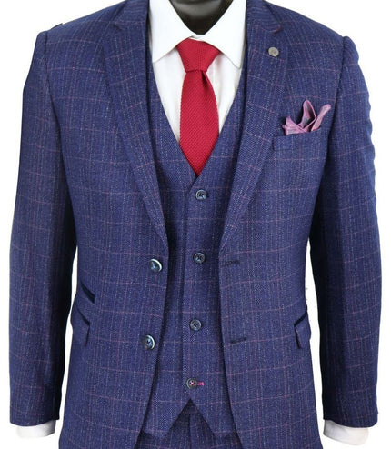 Mens 3 Piece Blue Herringbone Check Vintage Classic Suit